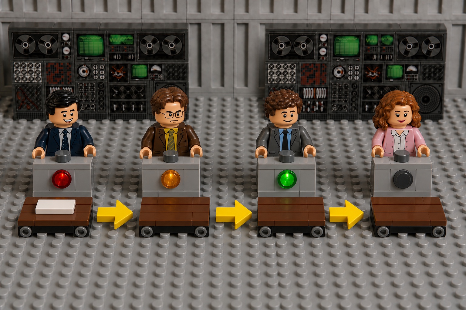 Чотири різні LEGO-оператори, з’єднані одним резервним маршрутом зліва направо.