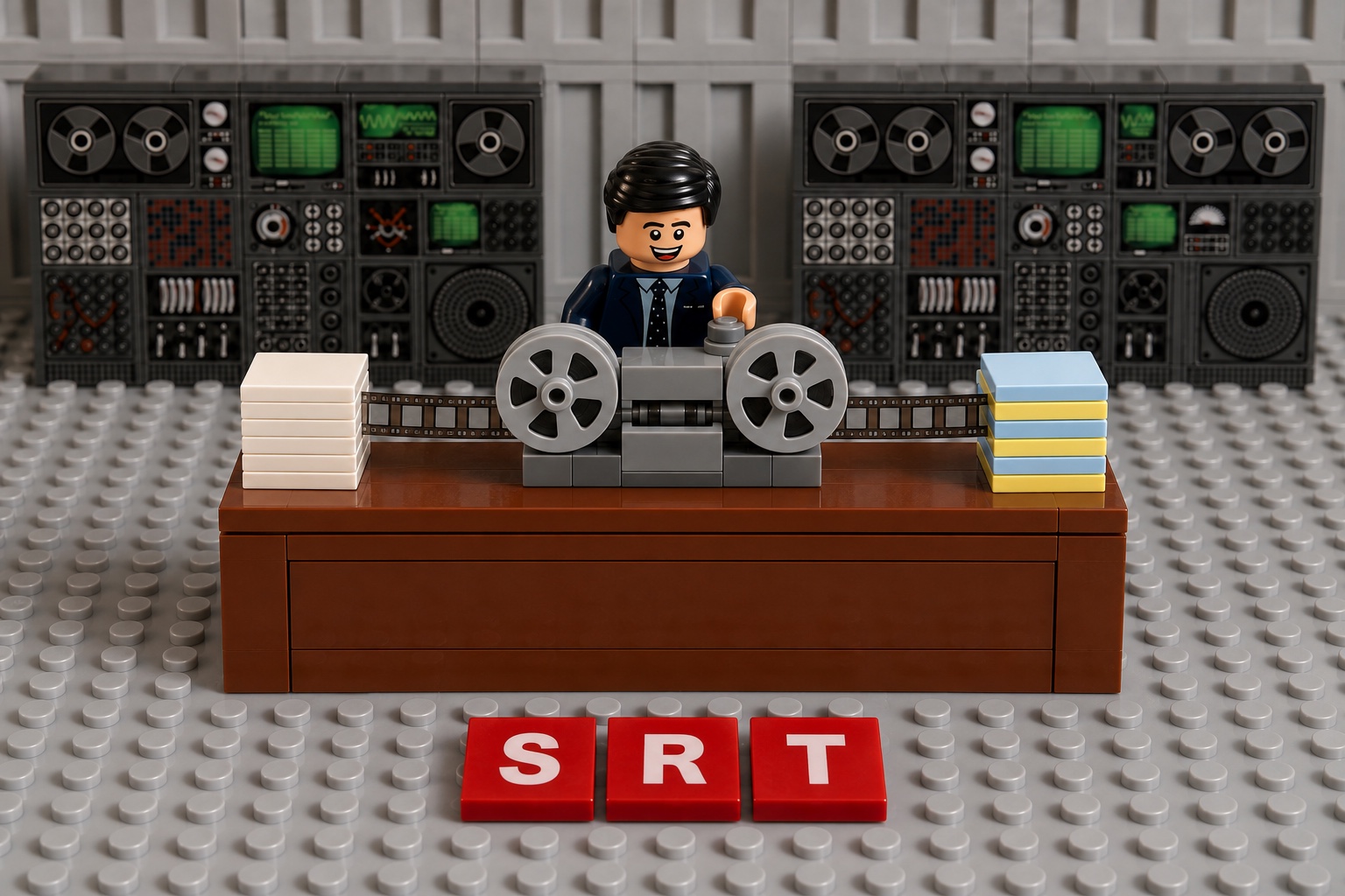 LEGO-інженер пропускає картки субтитрів через машину для перекладу фільмів.