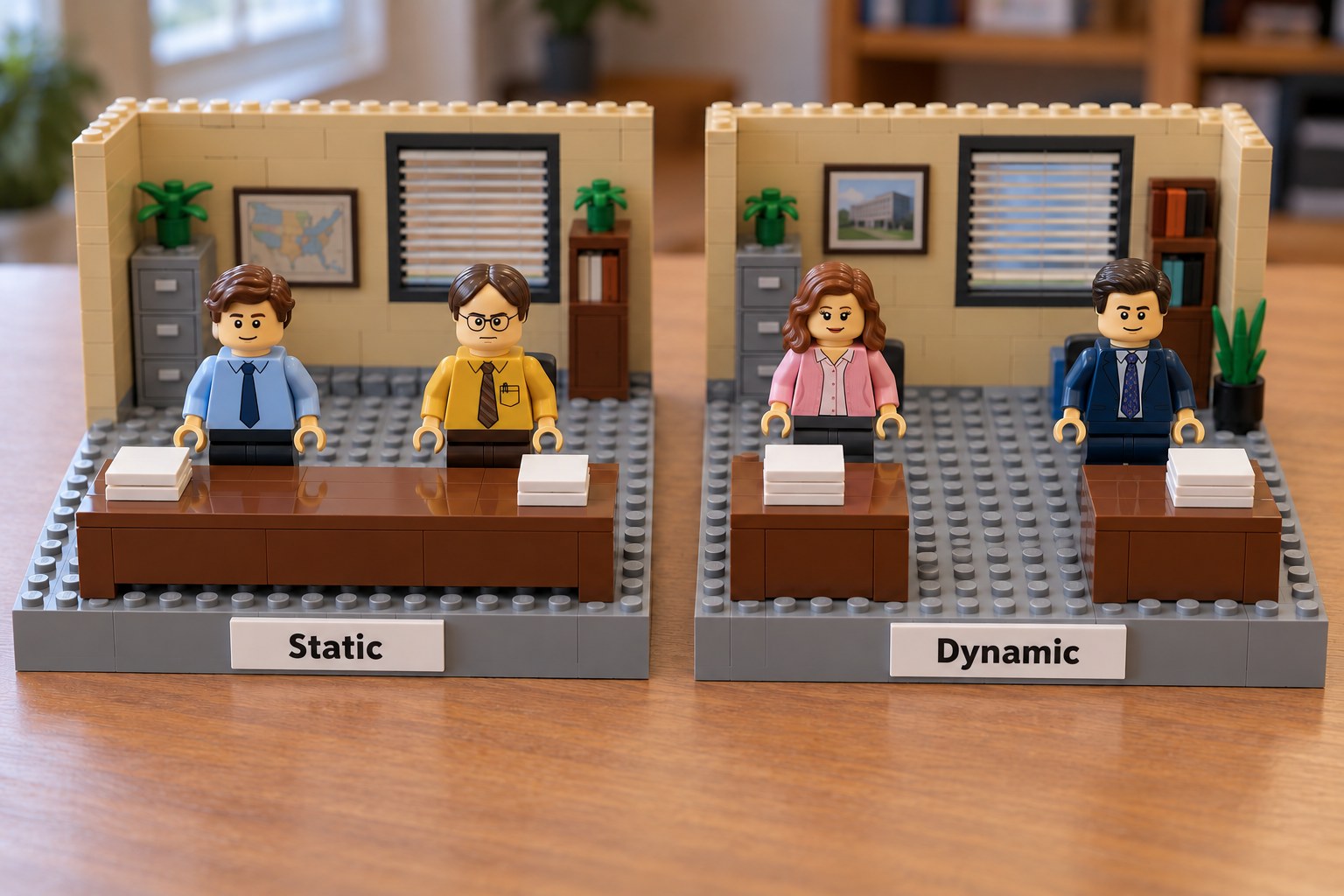 Jim and Dwight sharing one desk labeled Static, with Pam and Michael at separate desks labeled Dynamic