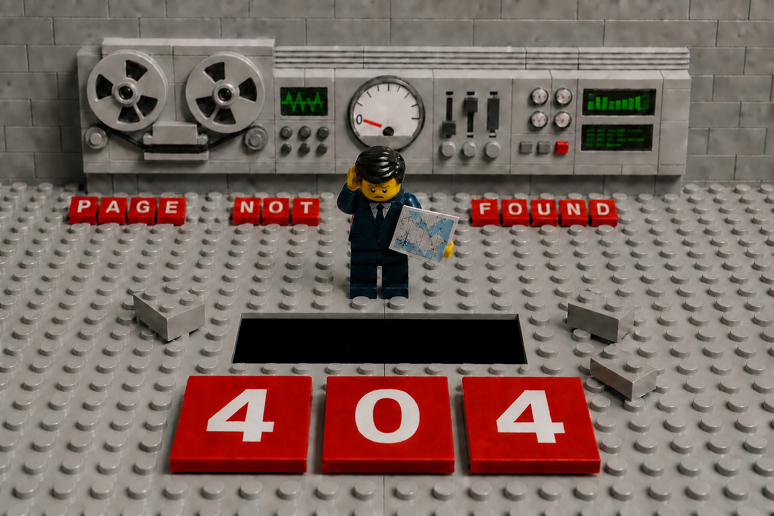 A LEGO minifigure holding a map, standing at the edge of a hole in the baseplate where a section of floor is missing. Red tiles spell PAGE NOT FOUND and 404.